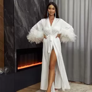 Luxury Bride Robe with Feather Sleeves