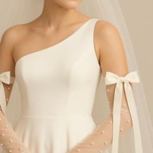 Romantic Bridal Gloves with Pearls and Satin Bows