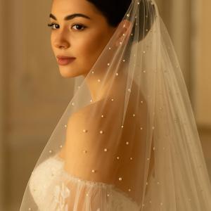 Tulle Bridal Veil With Pearls - Elegant Long Veil