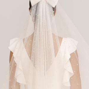 Pearl Tulle Short Bridal Veil With Bow