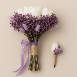 White Tulip & Purple Baby’s Breath Bridal Flower Set
